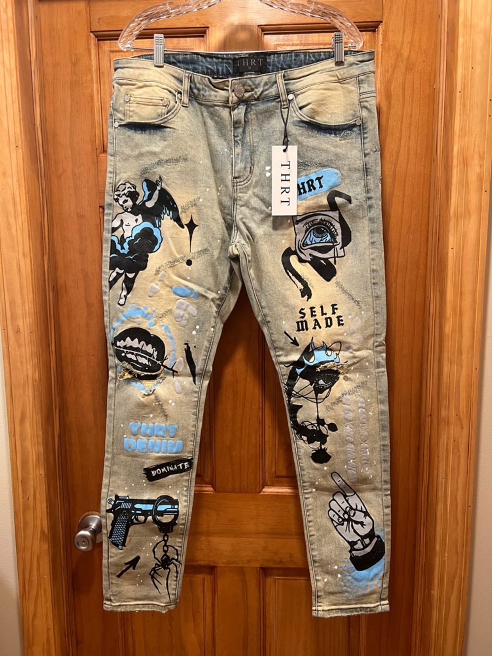 Beige Jeans with Graphic Art